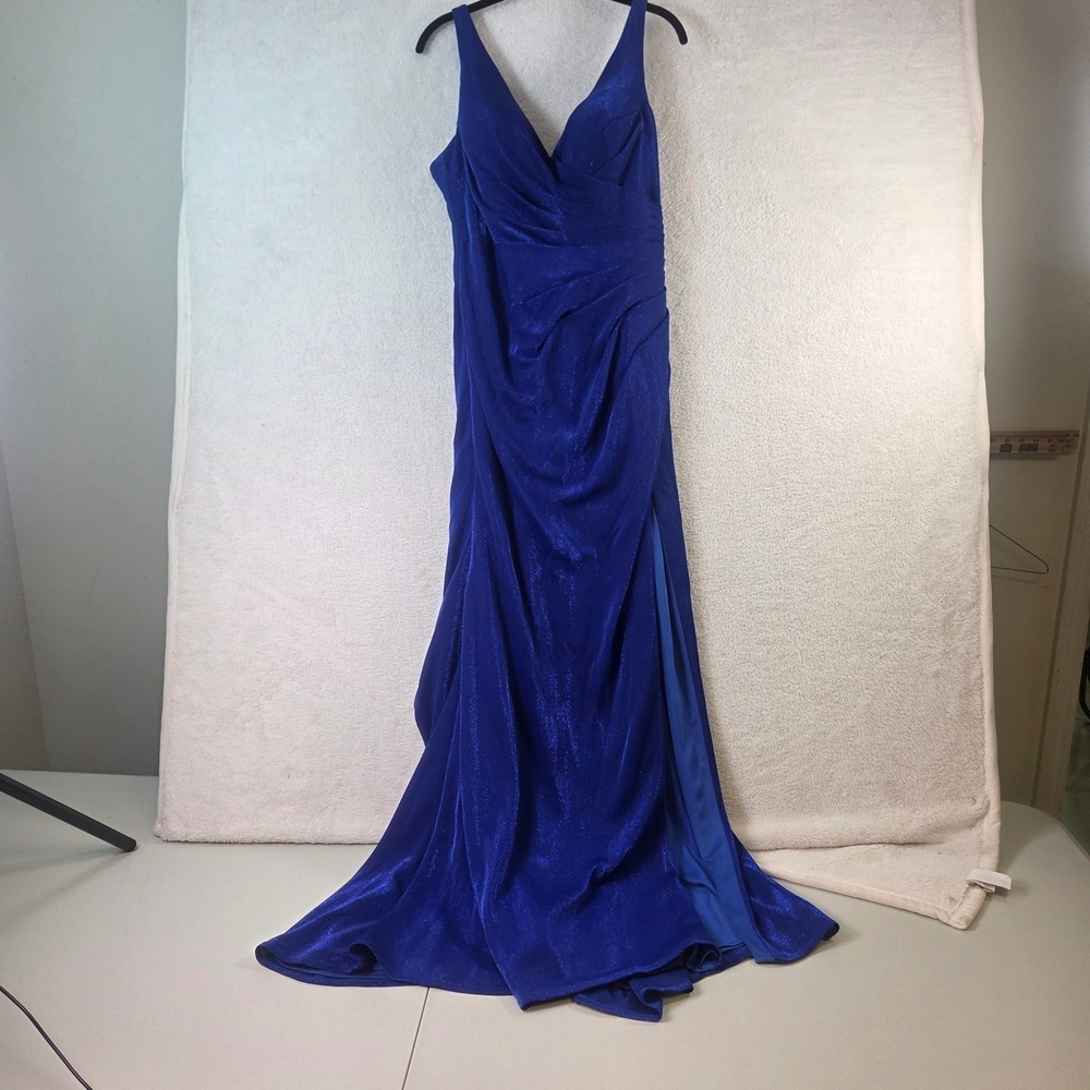 Abby Paris Royal Blue Shimmer Ruched V-Neck Evening Gown Formal Dress Size 16